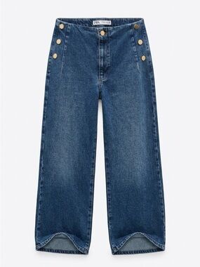 Zara Blue Wide-Leg High Waist Jeans with Gold Buttons